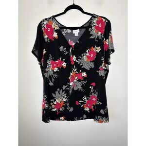 Jaclyn Smith Collection Blouse Top Women's Short Sleeve Black Floral Size XXL